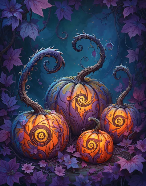Three pumpkins take center stage in a captivating and surreal image, each exhibiting a mesmerizing array of vibrant swirls and i...