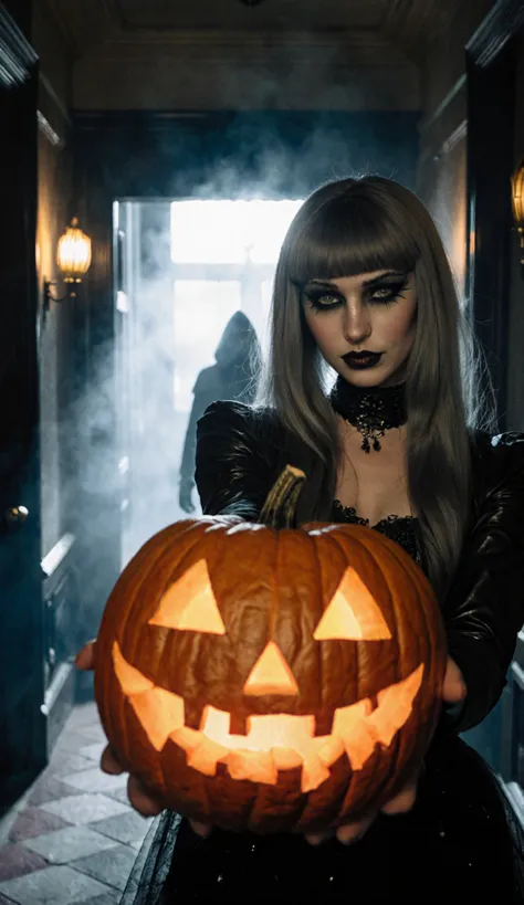  darkness,  in the dim hallway of an eerie mansion ,  A woman with long gray hair and expressive .  Gothic style ,  in an outfit...