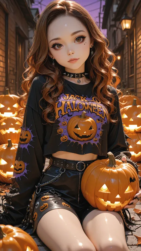 A girl, Jack-o'-lantern, punk fashion, Jack-o'-lantern pattern, brown hair, long hair, forehead, wavy hair, brown eyes