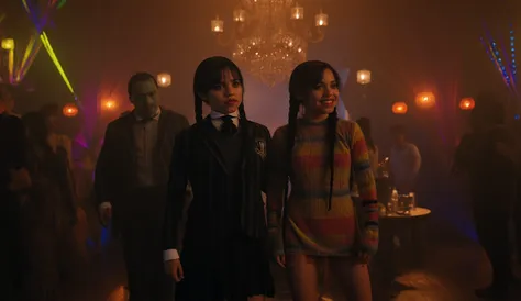 In the background, a Halloween monster party unfolds in a gothic mansion. Everyone is dancing, with Frankenstein standing out am...