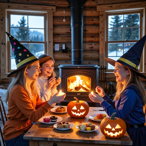 古い山小屋の暖炉の前で、ハロウィン仮装をした3人の若い女性たちがキャンドルを囲み、怪談話に興じている様子、暖炉の炎が顔を不気味に照らし出す、窓の外は初雪が静かに降り始め、部屋の中はオレンジ色の暖かな光に包まれている、テーブルの上にはハロウィンのお菓子と半分...