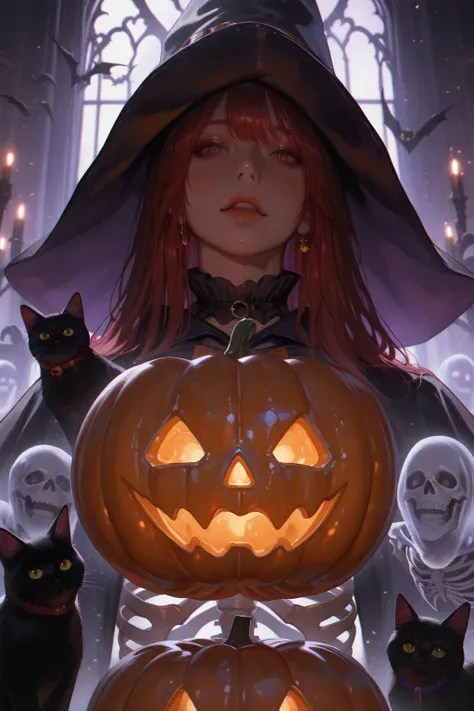 Scary Halloween Scene, Halloween Ghost, Witch and Black Cat Party, golden pumpkin, Ghost of a Skeleton, Pretty Woman Portrait, 4...