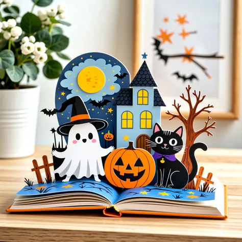 Pop-up book, paper cut art, children's book illustration, halloween, pastel colors, Light color tone, Crayons & Colored Pencils ...
