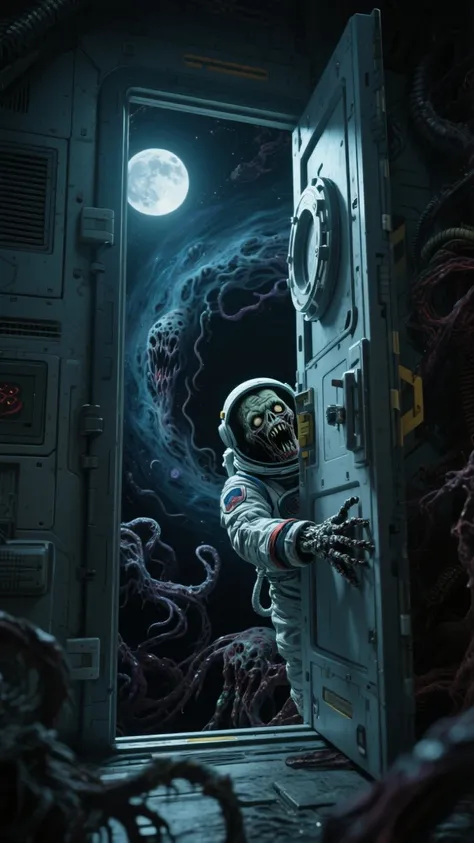Outer airlock door partially open to space, dark cosmic void swirling with monstrous shapes, astronaut zombie clinging to the do...