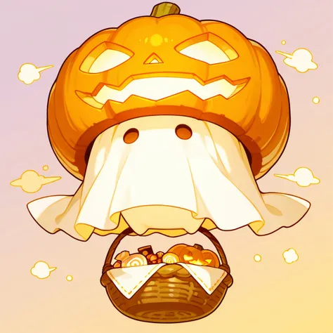 cute,pop,pale colors,SD,
specter covered in white cloth,wearing a mask of  jack-o'-lantern,floating in the air,carrying a basket...