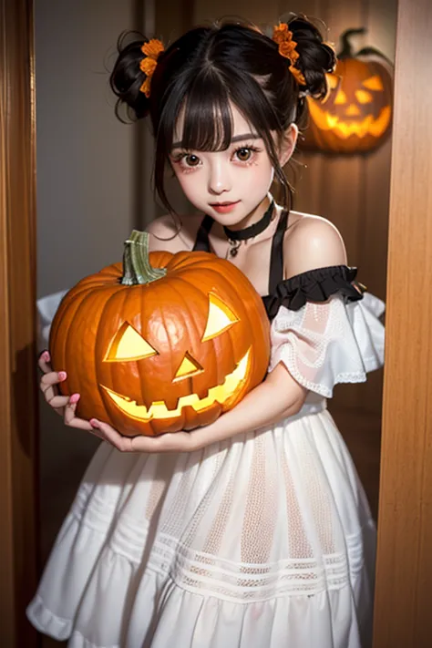 /*Halloween Ghost*/,(((Jack O' Lantern))),(((Adorable girl holding a pumpkin lantern and a candy bag))),(((Adorable girl peeking...