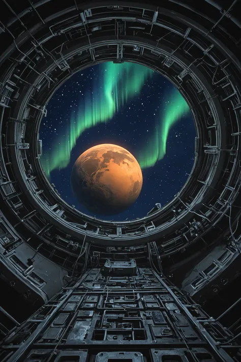 A huge abandoned space station floats In silent orbit over planet Earth, half illuminated by golden sunlight and half immersed i...