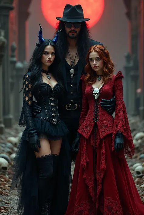 The picture features two women standing in front of a male. The woman on the left has fair skin and long, wavy black hair. Her ...