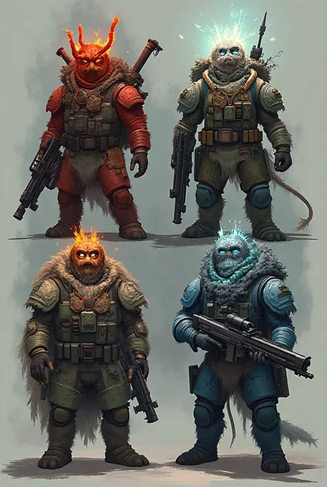 Create 4 human-style special forces-themed monsters with tactical forces and war abilities, different abilities for each and an ...