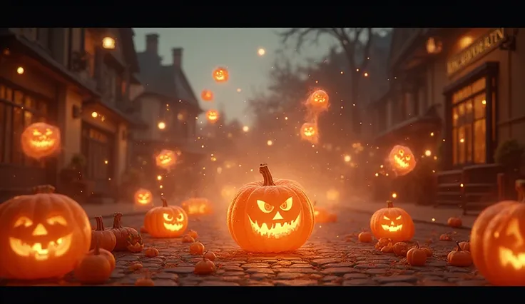 Text: “Subscribe and Like” — spooky-fun intro scene, cinematic 3D animation of glowing pumpkins and ghosts swirling around the s...