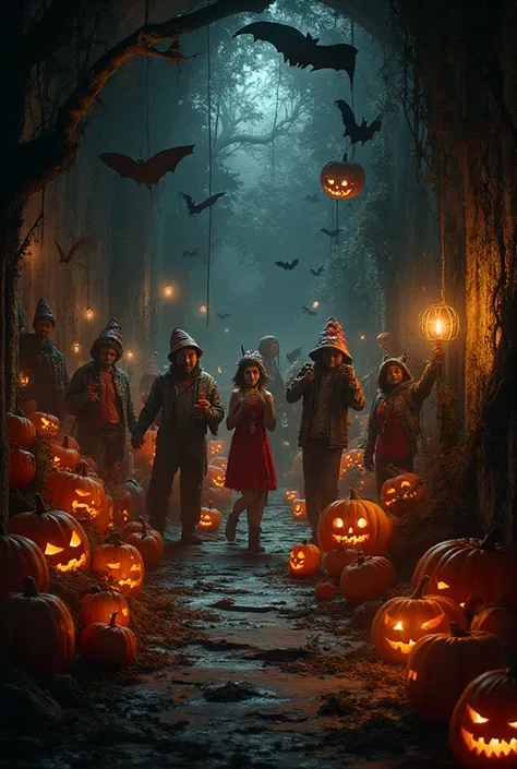 A Halloween-themed party with several pumpkins and bats in a very ugly place with cracked walls