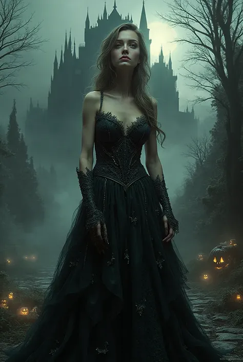 Beautiful woman in Halloween dress and castelos de Frankenstein