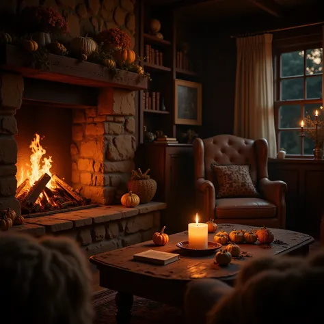 (realistic cinematic photography), cozy rustic living room dimly lit by a crackling fireplace, orange flames dancing gently acro...
