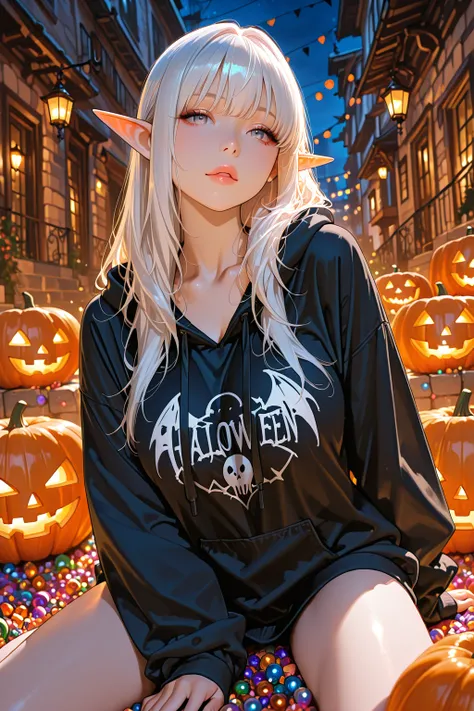 RAW pictures, super high resolution on a pile,masterpiece、night、Elf woman wearing a、double piece in front of Halloween decoratio...