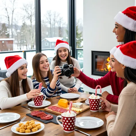 Real photo, cinematic style, UHD. Intimate gathering of high school friends celebrating winter break around modern fireplace in ...