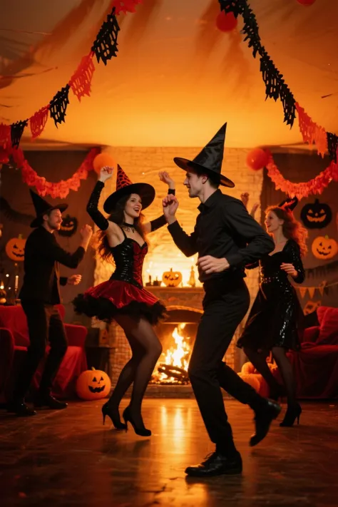    Picture  、Realistic、 movie、fireplace、Halloween、Party、Beautiful men and women dance、Flashy clothes、Witch Hat