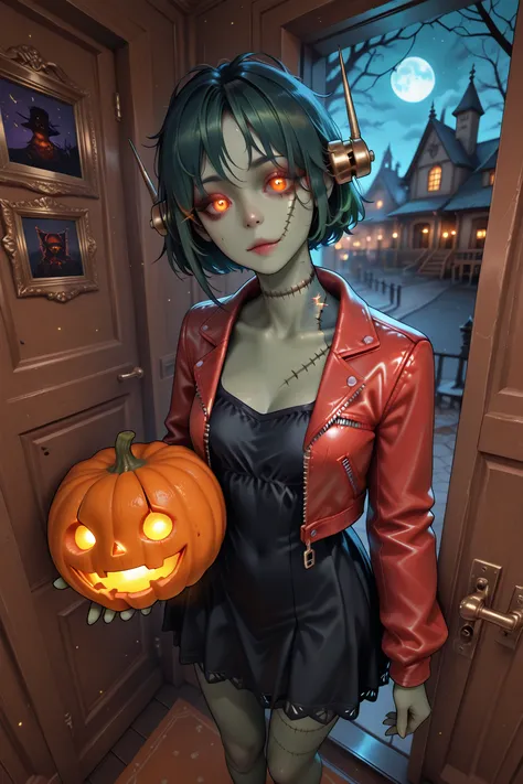 photorealistic masterpiece, ultra detalhado, Frankenstein woman with textured pale green skin, visible surgical scars on the nec...