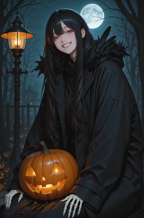  pumpkin ghost　black coat under the pumpkin　Tattered Coat　pumpkin lamp with feathers　Moonlit Night　Half Moon　face on the moon　is...