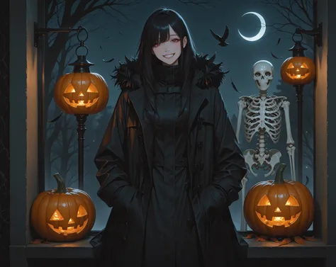 pumpkin ghost black coat under the pumpkin Tattered Coat pumpkin lamp with feathers Moonlit Night Half Moon face on the moon is...