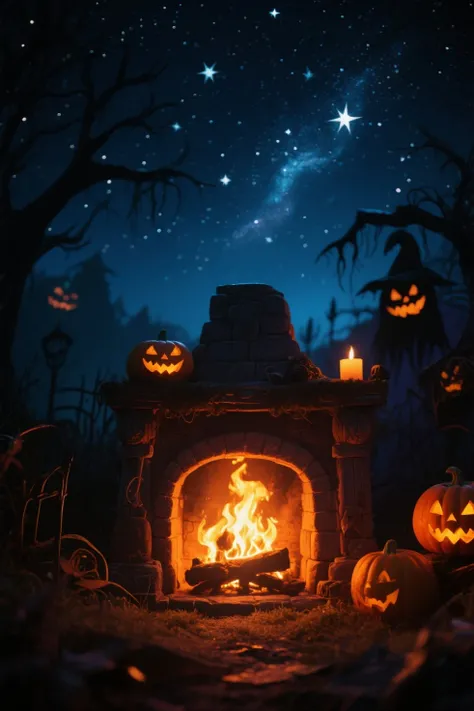 Halloween、fireplace、Scenery、night、starry sky