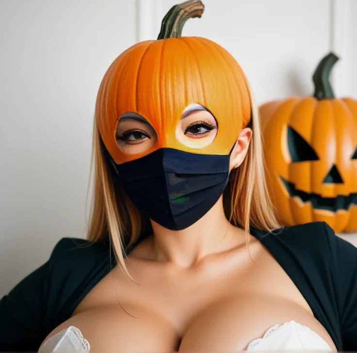 large breasts, Very big,8K quality, Picture, Woman Wearing a Face, (She wears a Pumpkin Head mask:1.5), (The Woman's Breasts Are...