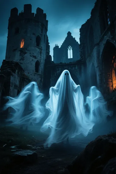 Halloween specter ghosts moving around in castlw