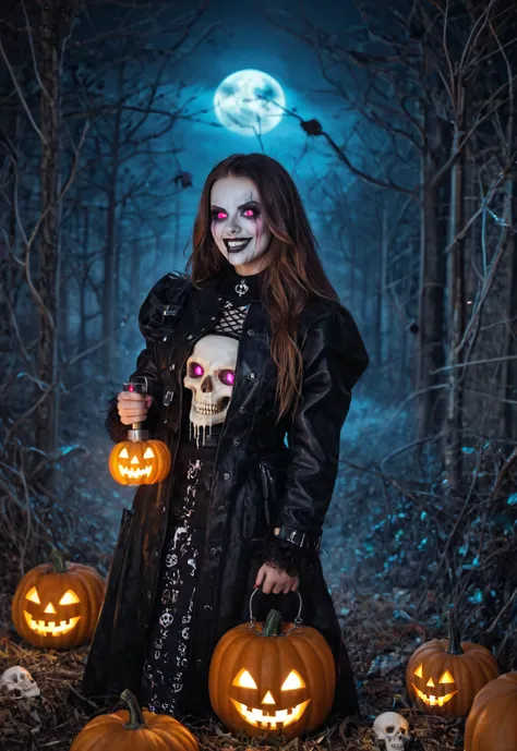 (sweet-faced girl with spectral makeup), (glowing eyes like pumpkin lanterns), surrounded by blue mist and violet neon lights, h...