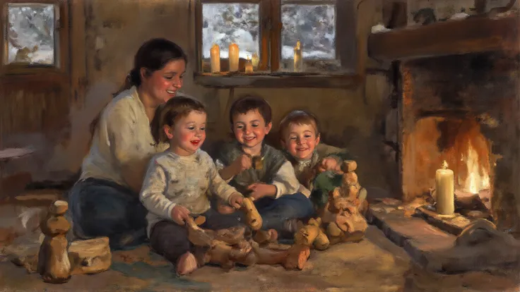 Children playing quietly with carved wooden toys by the fire, giggling softly, mother watching fondly, warm candlelight reflecti...