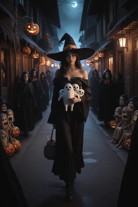 In the middle of a decayed street with Halloween decorations、A beautiful witch, a beautiful girl, a ghost is walking, Off Should...
