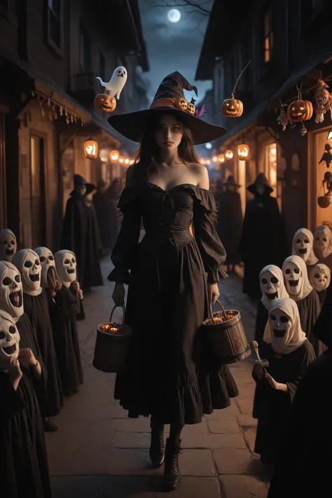 In the middle of a decayed street with Halloween decorations、A beautiful witch, a beautiful girl, a ghost is walking, Off Should...