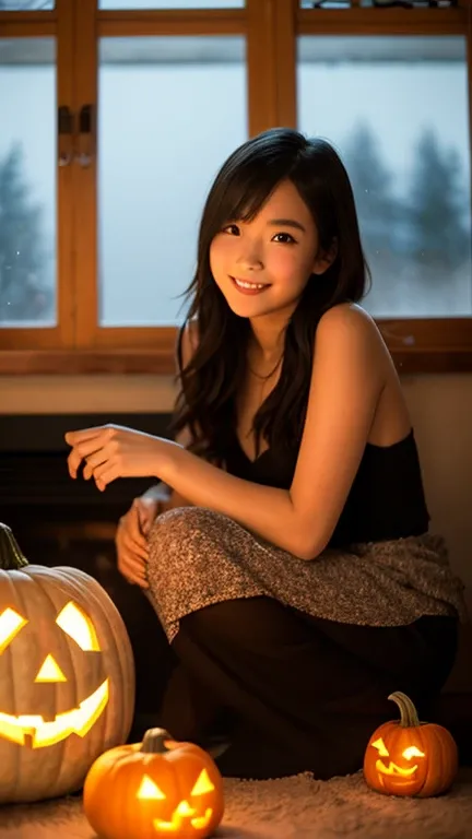 soft light,Girl Warming Up in Front of the Fireplace,I'm sitting on the floor,Lots of Loot Candy,Smile Yan,A Pumpkin-Faced Ghost...