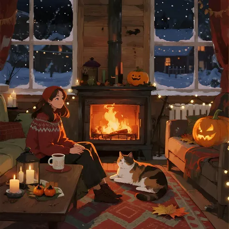 a cozy winter living room with a crackling fireplace, warm orange firelight softly illuminating the wooden interior. a woman sit...