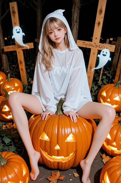 Ghost of Toyoko Kids sitting cross-legged on a pumpkin lantern