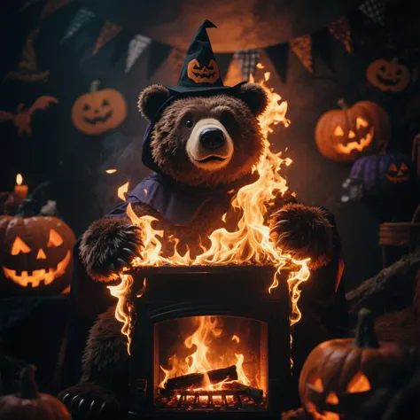 photo photography realistic style，Bear burning in fireplace，Halloween cosplay party