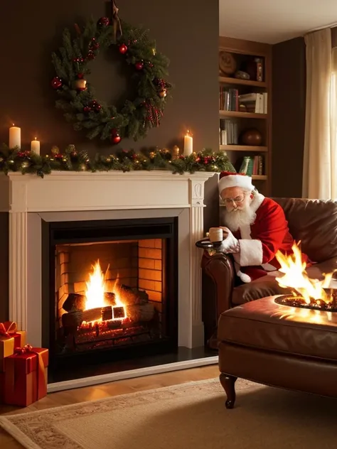 1 old man,winter fireplace,(Realistic Fireplace),realistic,fire,(燃え盛る暖炉の中から火に包まれたSanta Clausが現れる),Santa Claus,Merry Christmas