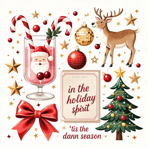 A Christmas Cottagecore Whimsical Pop-Art Typography T-shirt illustration on a white background, arranged in a cozy, collage-sty...