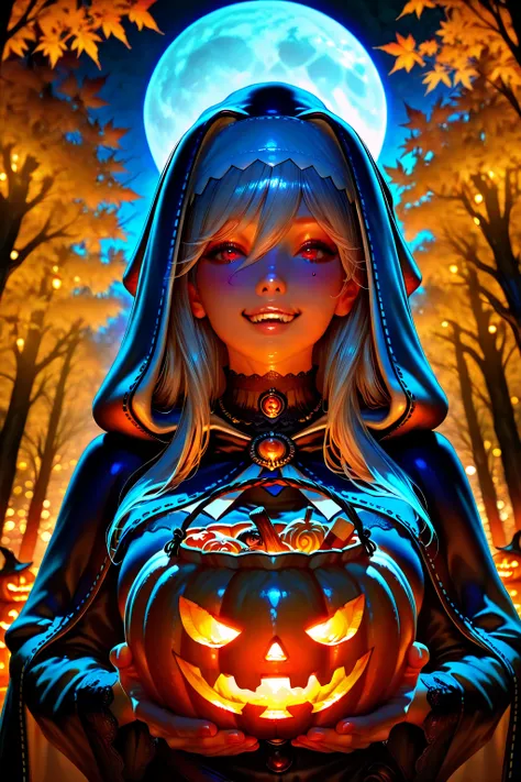 cute Halloween specter woman with Halloween bag, portrait, realistic, detailed facial features, posture shows whimsical expressi...