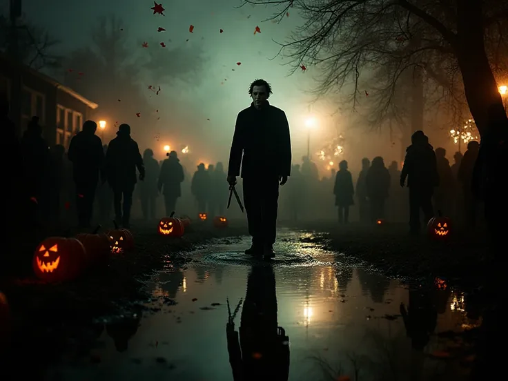 Threatening silhouette of a man dressed perfectly as Michael Myers reflected in a pool of water under the light of a flickering ...