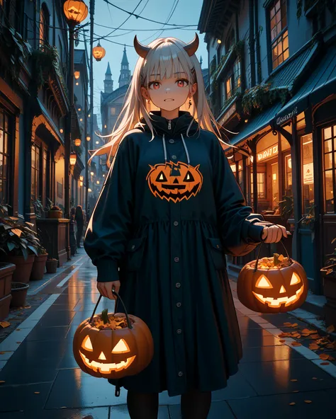 greatest masterpiece、Highest Quality、high image quality、high definition、Halloween、Jack O Lanterns、Witches、Female ghost 、Street、S...