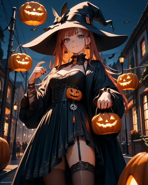 greatest masterpiece、Highest Quality、high image quality、high definition、Halloween、Jack O Lanterns、Witches、Female ghost 、Street、S...