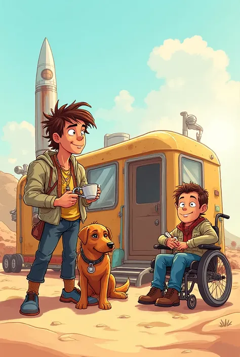 Prompt:
Cover art for The Adventures of Rocketman & Rocky. A quirky sci-fi comedy vibe.
Scene: A small desert trailer in the ba...