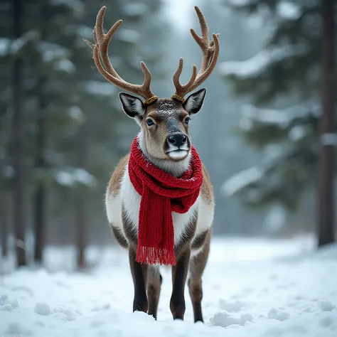 Reindeer standing in snowy forest wearing festive red scarf, pine tree background, natural daylight, photorealistic wildlife sty...