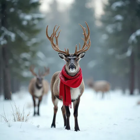 Reindeer standing in snowy forest wearing festive red scarf, pine tree background, natural daylight, photorealistic wildlife sty...