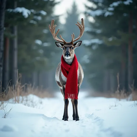 Reindeer standing in snowy forest wearing festive red scarf, pine tree background, natural daylight, photorealistic wildlife sty...