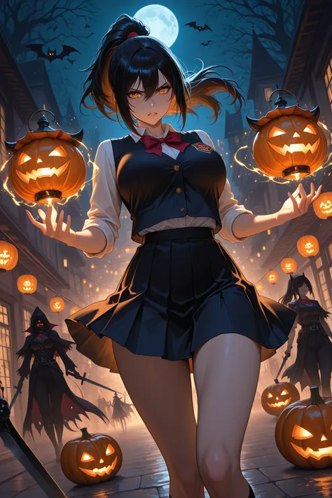 High Quality, masterpiece, precise depiction, Scenery of a dark night on Halloween night, A terrifying group of Jack O' Lanterns...