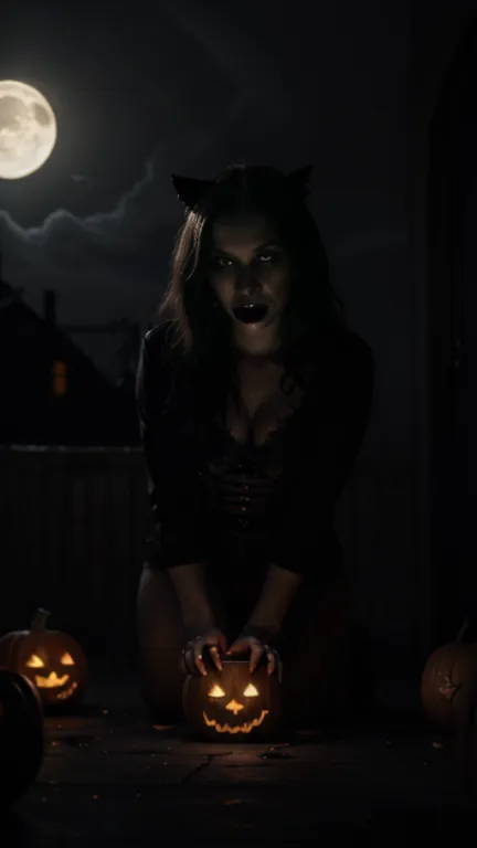 hantu halloween, horror ghost, spooky haunting, eerie atmosphere, creepy halloween, dark haunted house, black cat, full moon, sh...