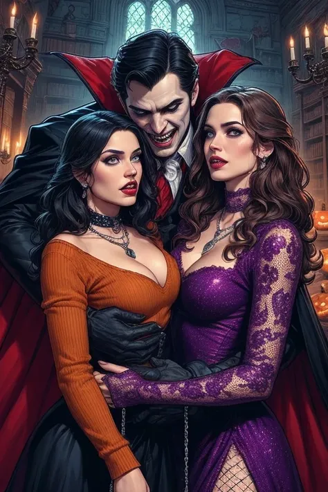 Extremely highly detailed ultra-realistic image of {Count Dracula|a suave bloodsucker|the immortal prince, exposing fangs} mid-e...