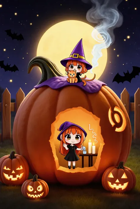 Chibi style character(s), photorealistic detailed background, warm vibrant colors, moonlight.
Tiny chibi witch girl (6, long g...