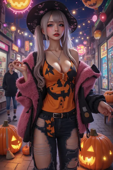 noon, A wall with flashy graffiti overseas,neon,thick fur（fur）Wear a jacket of,black camouflage tank top,damaged denim pants,whi...