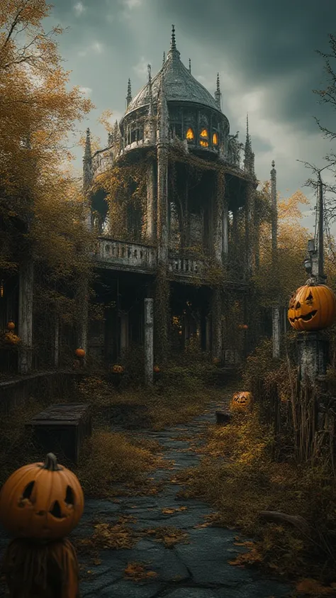 photography, ultra highres, RAW photo, abandoned Halloween theme park, decaying decorations, overgrown pumpkin figures, rusted r...